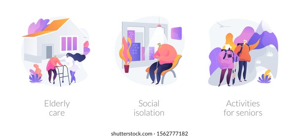 Senior people support flat icons set. Pensioners loneliness problem. Elderly care, social isolation, activities for seniors metaphors. Vector isolated concept metaphor illustrations.