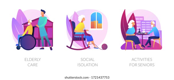 Senior people support flat icons set. Pensioners loneliness problem. Elderly care, social isolation, activities for seniors metaphors. Vector isolated concept metaphor illustrations.