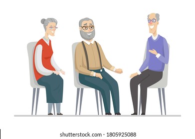 Senior people talking - flat design style illustration with cartoon characters. Elderly men and woman sitting on chairs and sharing their feelings and emotions. Group therapy, communication, support