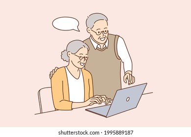 Senior People And Technologies Concept. Positive Mature Elderly Couple Using Laptop Together Learning Computer Communicating Online Together Vector Illustration 