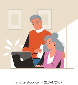 Senior people and technologies concept. Positive mature elderly couple using laptop together learning computer communicating online together vector illustration. Studying computer for elderly people