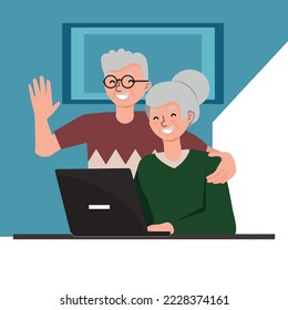 Senior people and technologies concept. Positive mature elderly couple using laptop together learning computer communicating online together vector illustration. Studying computer for elderly people.