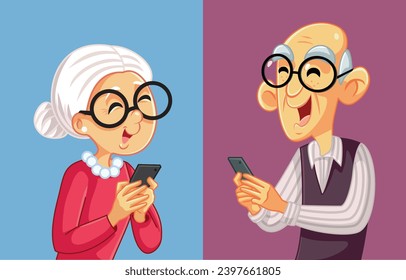 
Personas Mayores Enviando Mensajes De Texto A Otros Vectores Ilustración. Pareja divertida encontrando un compañero de alma en línea más adelante en la vida 
