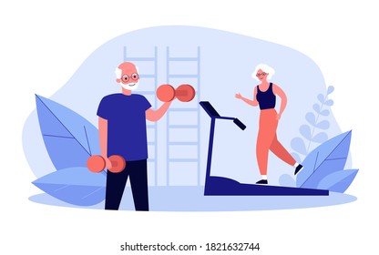 Senior people training in gym. Fitness, dumbbell, sport flat vector illustration. Retirement and health lifestyle concept for banner, website design or landing web page