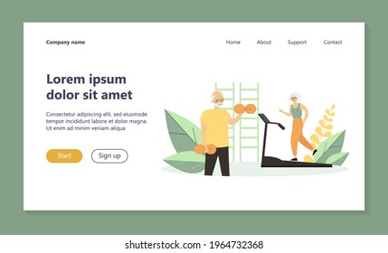 Senior people training in gym. Fitness, dumbbell, sport flat vector illustration. Retirement and health lifestyle concept for banner, website design or landing web page