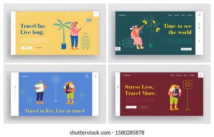 Senior People Traveling Activity Website Landing Page Set. Aged Male and Female Characters Outdoor Vacation, Foreign Travel and Adventure Voyage Web Page Banner. Cartoon Flat Vector Illustration