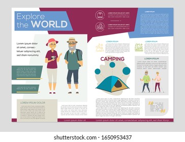 Senior people traveling - colorful vector brochure template with text blocks and characters. Flyer layout with happy elderly couple camping, nordic walking. Active lifestyle concept. A4 booklet pages