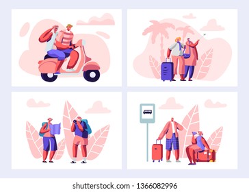 Senior People Traveling Set. Aged Touristic Travelers Waiting Bus on Station, Riding Bike, Watching Map, Making Pictures and Selfie on Sights. Men and Women Traveling Cartoon Flat Vector Illustration