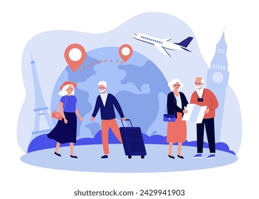 Senior people travelling around world vector illustration. Senior couple with suitcase going to trip, old man and woman with map looking for landmarks. Senior travelers, tourism, lifestyle concept