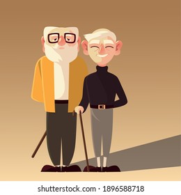 senior people, two grandpa with glasses and walk stick characters