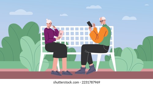 Senior people use gadgets outdoor. Progressive grandparents sitting on bench. Pensioners holding smartphone and tablet. Chat with relatives via smartphone and tablet