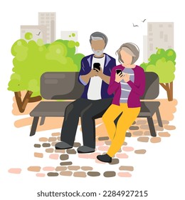 Senior people use gadgets outdoor. Progressive grandparents .Modern old people using internet, mobile phones sitting on bench in park vector illustration in flat style