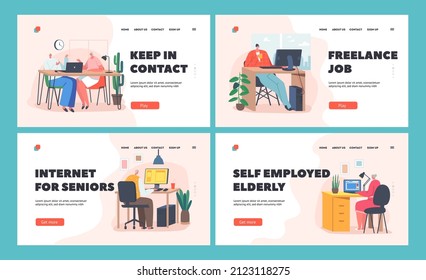 Senior People Using Computers Landing Page Template Set. Aged Male and Female Old Characters Sitting at Home Communicate via Internet. Grandparents Chat and Work on Laptop. Cartoon Vector Illustration