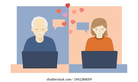 Senior people using laptop. Man and Woman talking on video call and chatting. Online dating concept. Video meeting. Isolated vector illustration on a white background