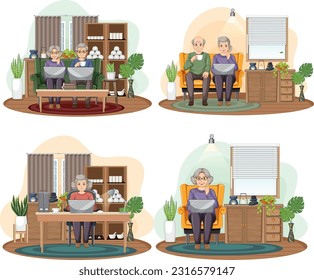 Personas mayores que utilizan la ilustración de un juego de portátiles