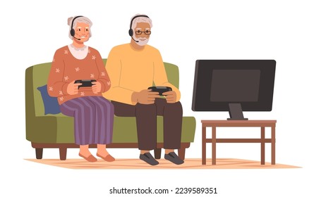 Senior people using modern technologies for fun. Grandmother and grandfather playing online video games with joysticks at home. Flat cartoon character vector