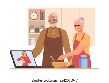 Senior people using modern technologies, grandmother and grandfather watching recipes on cooking channel on laptop and making food. Flat cartoon character vector