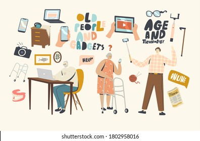 Senior People Using Smart Devices. Aged Male and Female Characters Learn How to Use Gadgets, Making Selfie on Smartphone, Chatting on Laptop at Home, Pensioner Education. Linear Vector Illustration