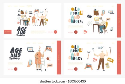 Personas Mayores Utilizando El Conjunto De Plantilla De La Página De Inicio De Smart Devices. Personajes mayores pensionistas aprenden a usar gadgets, hacer selfie en Smartphone, hacer chats en laptop en casa. Ilustración de vectores lineales