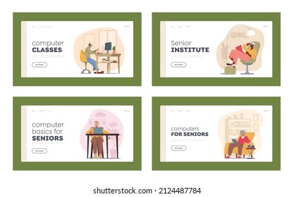 Personas Mayores Utilizando El Conjunto De Plantilla De La Página De Inicio De Smart Devices. Los personajes antiguos usan gadgets, abuelos que hablan en laptops o tablets sentados en casa, autoaislamiento. Ilustración del vector de dibujos animados