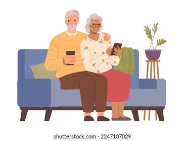 Senior people using smartphones sitting on sofa and resting. Pensioners with modern technologies, cell phone with internet. Flat cartoon character vector