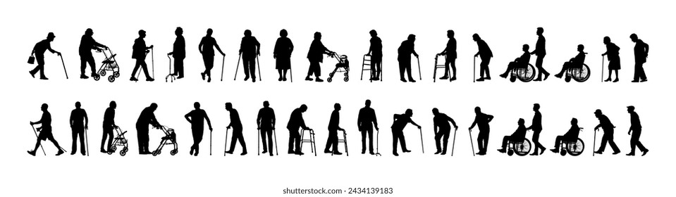 Senior people using walking aid silhouette set collection. Older people walking with walking aids vector silhouette.	