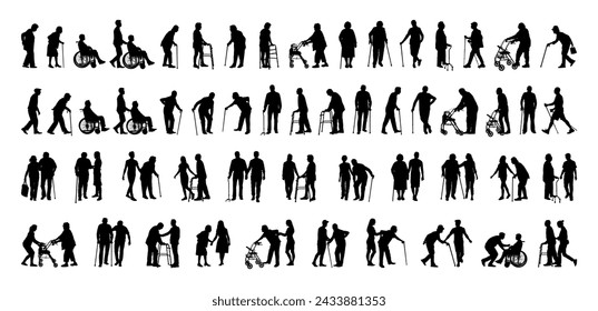 Senior people using walking aids silhouette set collection. Caregiver family helping elderly person using walking aid vector silhouette set.	