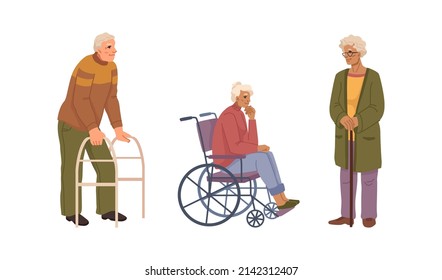 Personas mayores que usan sillas de ruedas para moverse. Personajes de dibujos animados planos vectores en la residencia. Abuelos con bastón. Personajes sonrientes felices de la abuela y el abuelo