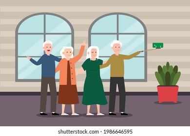 Senior people vector concept: Group of senior people take selfie picture together while using mobile phone