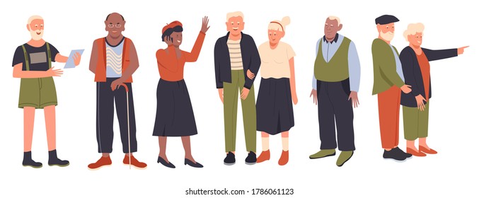 Senior people vector illustration flat set. Cartoon active old character collection of man woman retired happy persons, senior couple grandparents, smiling elderly lady and gentleman isolated on white