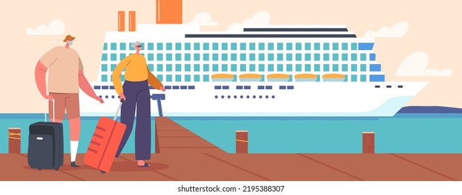 Senior People Waiting Boarding on Cruise Liner Deck with Seascape View, Old Characters Summer Relax On Ship In Ocean. Summertime Vacation Journey On Passenger Vessel. Cartoon Vector Illustration