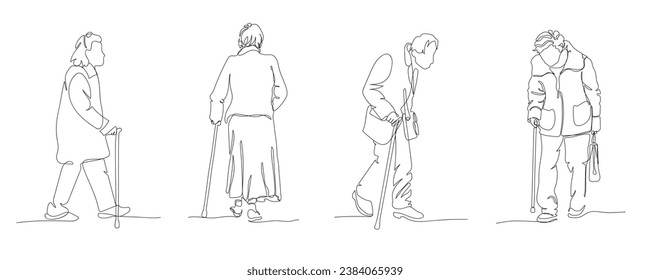 Personas mayores con bastones para caminar. Conjunto de 4 ancianos hombres y mujeres. Dibujo de una sola línea. Ilustración vectorial en estilo de arte de línea.