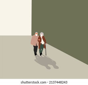 Senior people walking on city street and wearing a face mask. Vector illustration in flat style. Virus protection concept