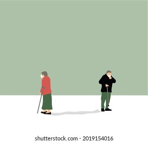 Senior People walking on street. Wearing mask while walking and keep social distancing due to Coronavirus (COVID-19). New normal concept . Flat vector illustration.