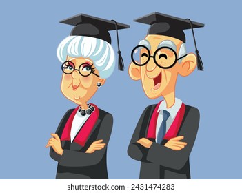 
Senior People Wearing Graduation Gowns Vector Education illustration. Elderly students completing their education in the golden years 
