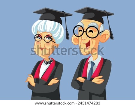 
Senior People Wearing Graduation Gowns Vector Education illustration. Elderly students completing their education in the golden years 
