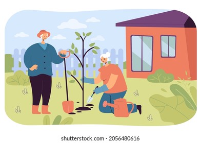 Senior people working in garden vector illustration. Old man with shovel and elderly woman planting tree. Horticulture, leisure, healthy lifestyle concept for banner, website design