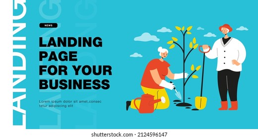 Senior People Working In Garden Vector Illustration. Old Man With Shovel And Elderly Woman Planting Tree. Horticulture, Leisure, Healthy Lifestyle Concept For Banner, Website Design