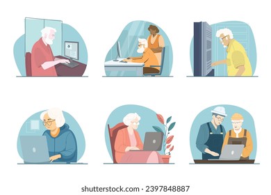 Senior people working set. Tapping on keyboard, using computer, looking at laptop. Elderly people learning, working , using technology concept .Working at office or freelancer at home vector set.