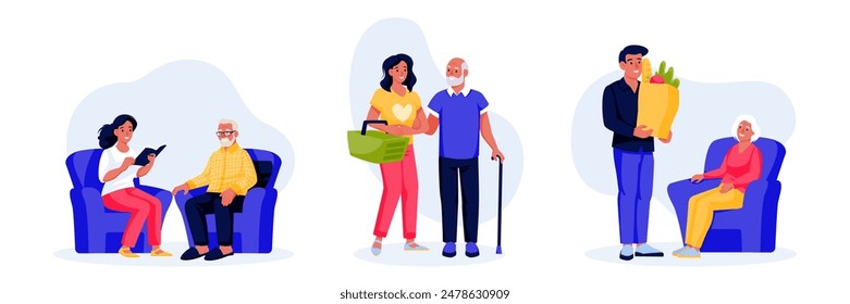 Asistencia de personas mayores. Conjunto de ilustraciones de dibujos animados planos de Vector. Asistencia y cuidado de personas mayores. Trabajo social, concepto de voluntariado