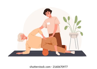 Senior person exercising with roller for rehabilitation, recovery. Nurse helping old woman to recover with physiotherapy. Rehab physio therapy. Flat vector illustration isolated on white background