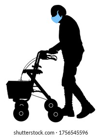 Senior person with face mask and rollator