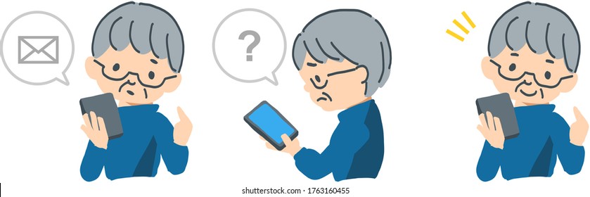 Senior person holds smartphone, expression set