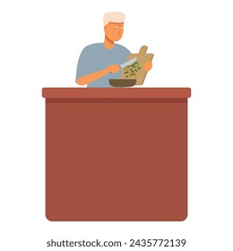 Senior person make salad icon cartoon vector. Home cooking. Kitchen activity
