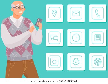 Senior person with mobile phone. Elderly man with smartphone on blue background. Male character uses device to communicate and work. Old man with smartphone writes email, calls and uses internet