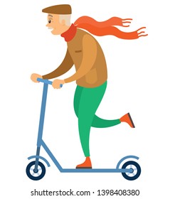 Senior person riding scooter wearing scarf vector, isolated man with hat having fun, pensioner leading active lifestyle, gray-headed character outdoor