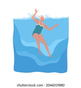 Persona mayor hundiéndose en el mar. Vieja en peligro bajo el agua, ahogándose y pidiendo ayuda. Temeroso nadador ahogándose. Accidente veraniego. Ilustración vectorial plana aislada en fondo blanco