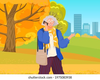 Senior person talking on mobile phone. Elderly woman with smartphone is communicating. Female character uses mobile device to communicate with someone. Old woman with smartphone on outdoor