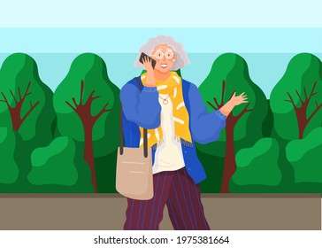 Senior person talking on mobile phone. Elderly woman with smartphone is communicating. Female character uses mobile device to communicate with someone. Old woman with smartphone on outdoor