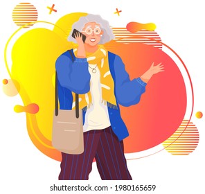 Senior person talking on mobile phone. Elderly woman with smartphone is communicating. Female character uses mobile device to communicate with someone. Old woman with smartphone on abstract background